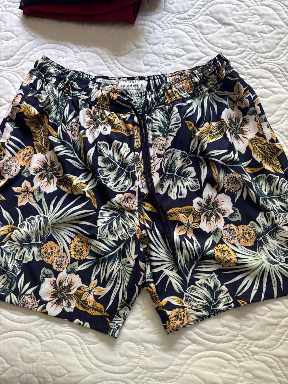 Lucky Brand Navy Tropical Floral Swim Trunks with Yellow Accents